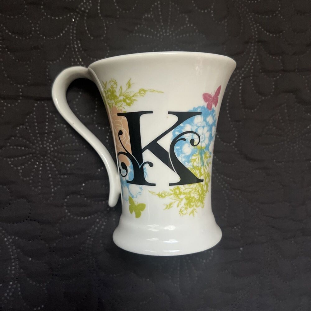 Delicate White Coffee Mug Tea Cup Pastel Flowers Floral Monogram Letter K  Home